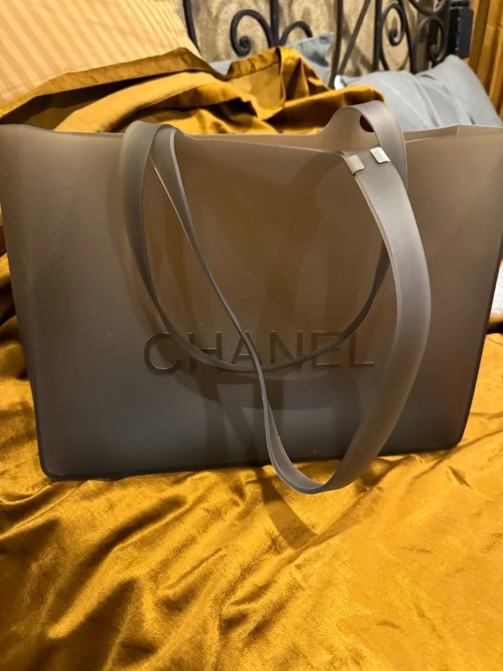 CHANEL Matte Gray Embossed Logo Shopper